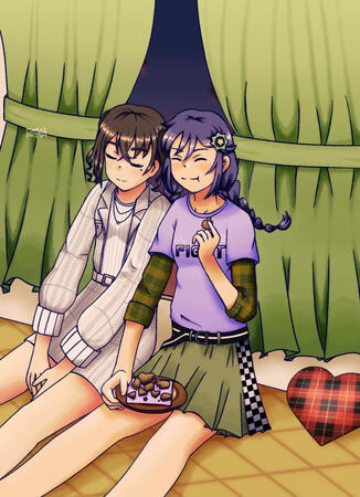 sana and akira (from idolmaster cinderella girls) resting on each other’s shoulder